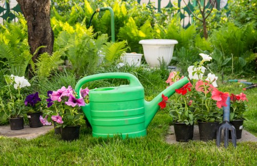 A well-designed Upton garden with layered planting and lawn areas